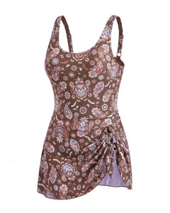 Sculpting Swim Dress — Mocha Bloom on model