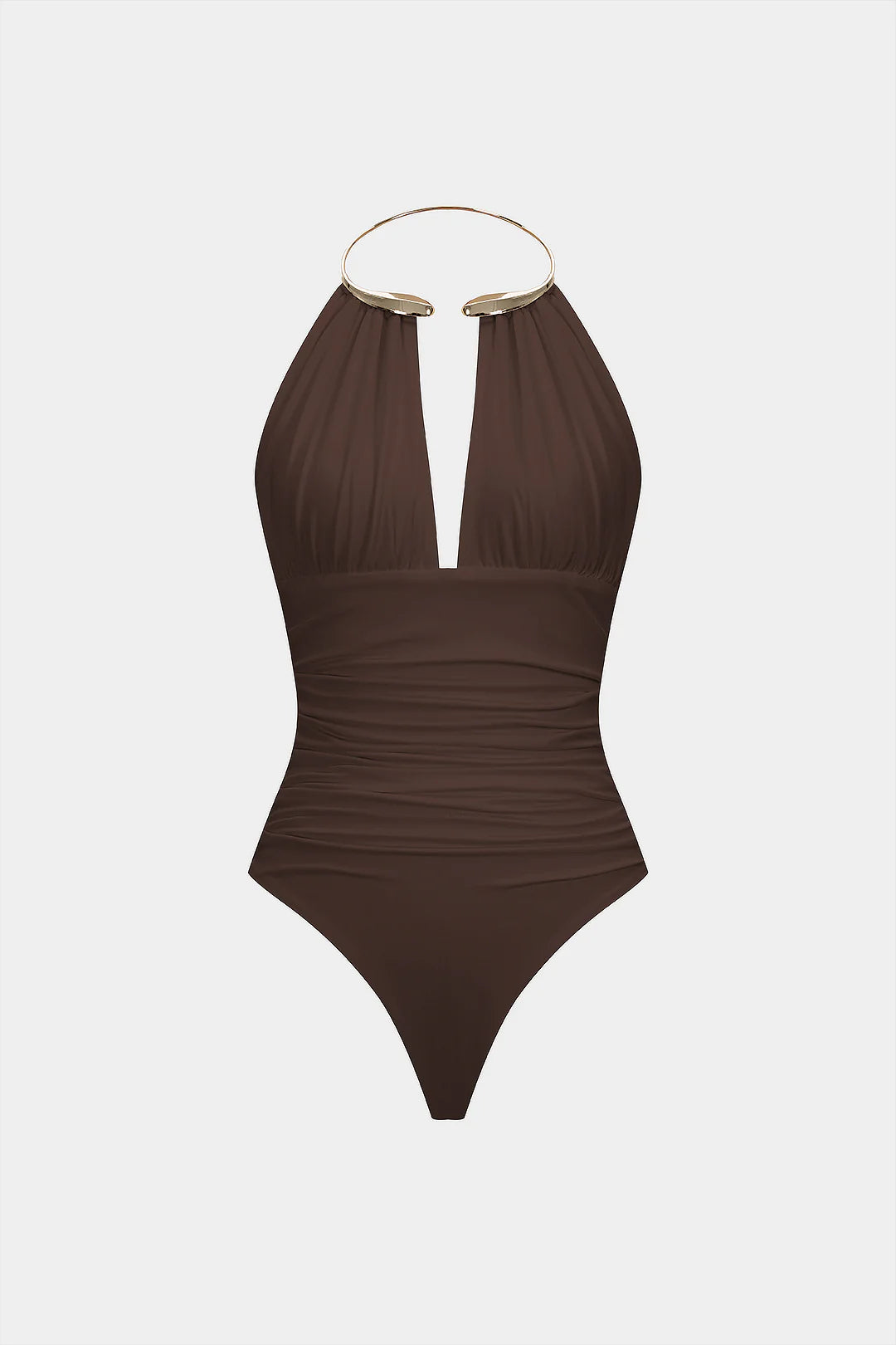 Snatchyfits™ Sleeveless Ruched Bodysuit with Halter Neckline and Metallic Finish