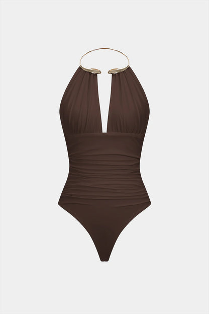 Snatchyfits™ Sleeveless Ruched Bodysuit with Halter Neckline and Metallic Finish