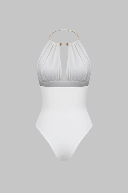 Snatchyfits™ Sleeveless Ruched Bodysuit with Halter Neckline and Metallic Finish
