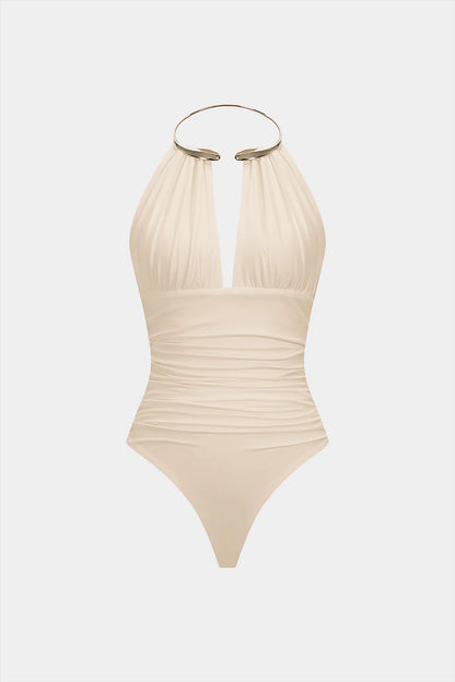 Snatchyfits™ Sleeveless Ruched Bodysuit with Halter Neckline and Metallic Finish