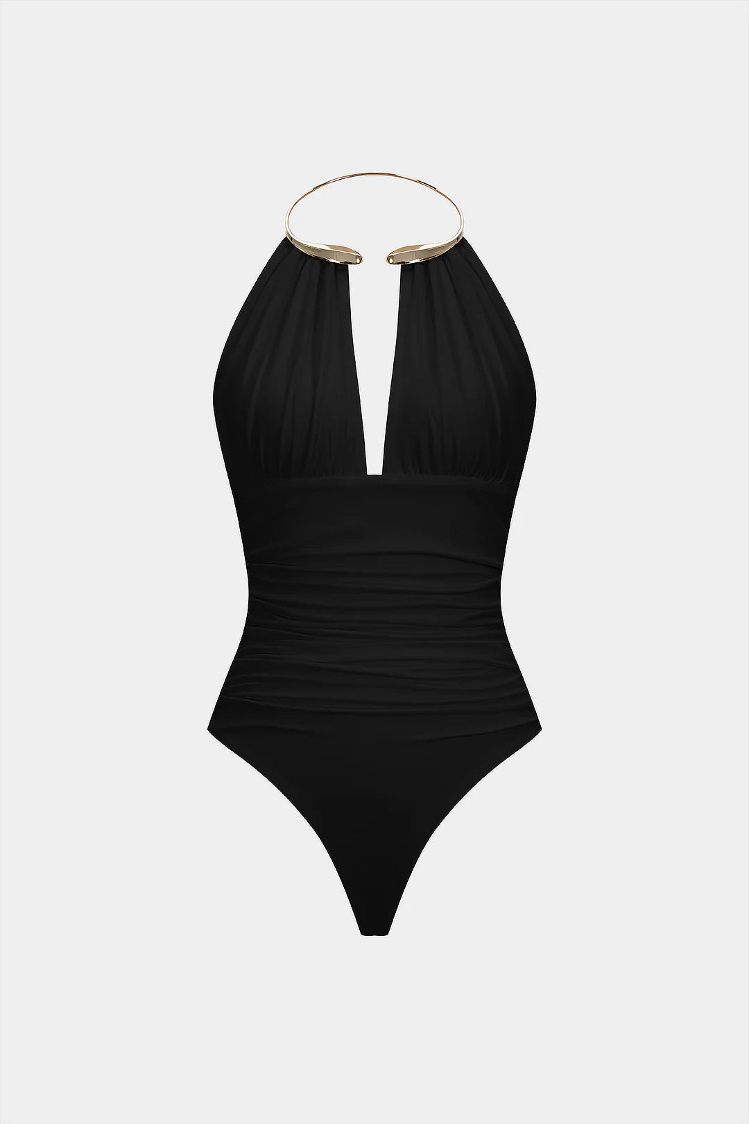 Snatchyfits™ Sleeveless Ruched Bodysuit with Halter Neckline and Metallic Finish