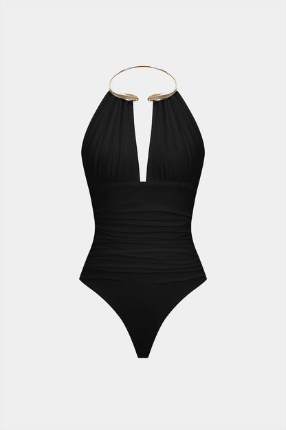 Snatchyfits™ Sleeveless Ruched Bodysuit with Halter Neckline and Metallic Finish