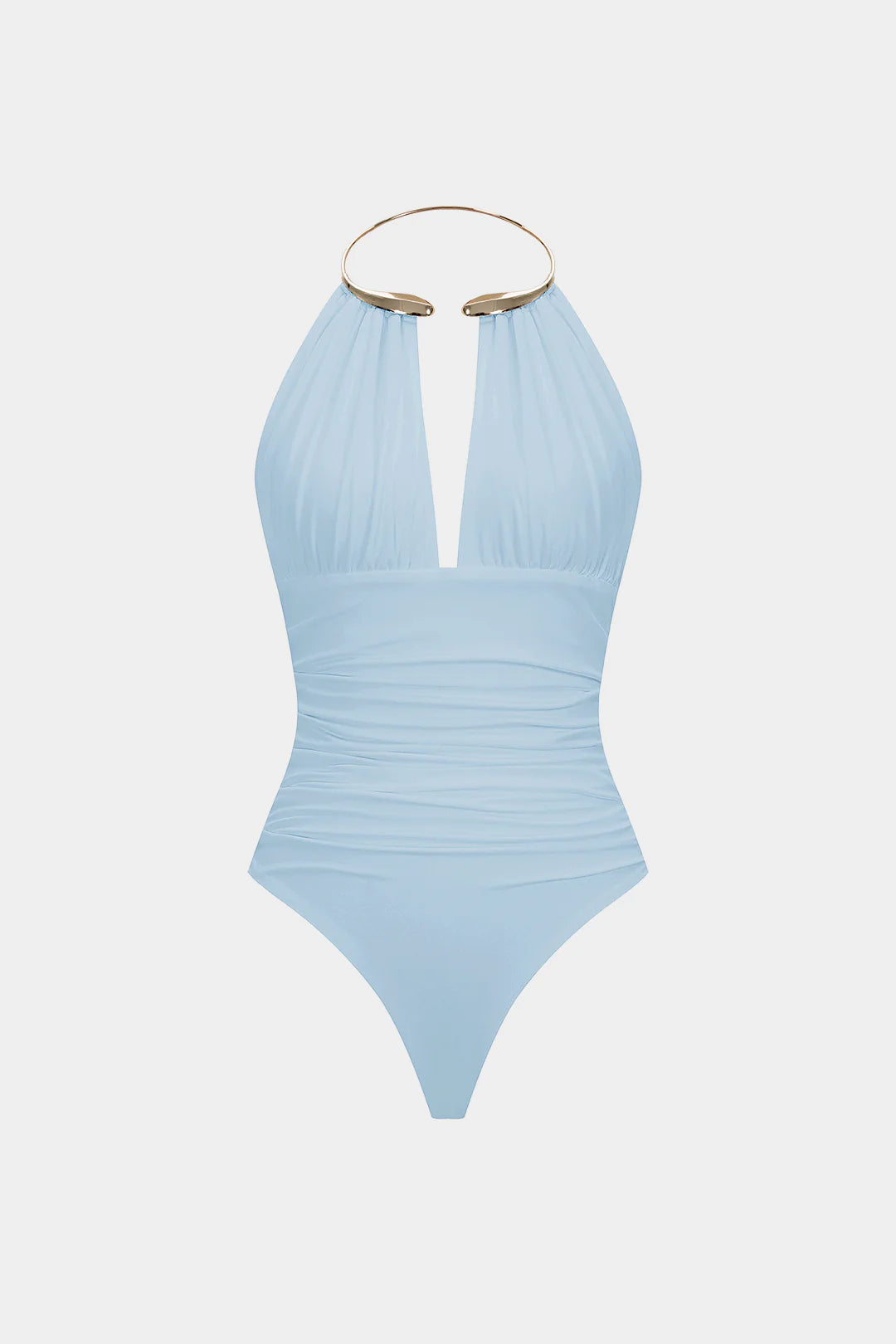 Snatchyfits™ Sleeveless Ruched Bodysuit with Halter Neckline and Metallic Finish