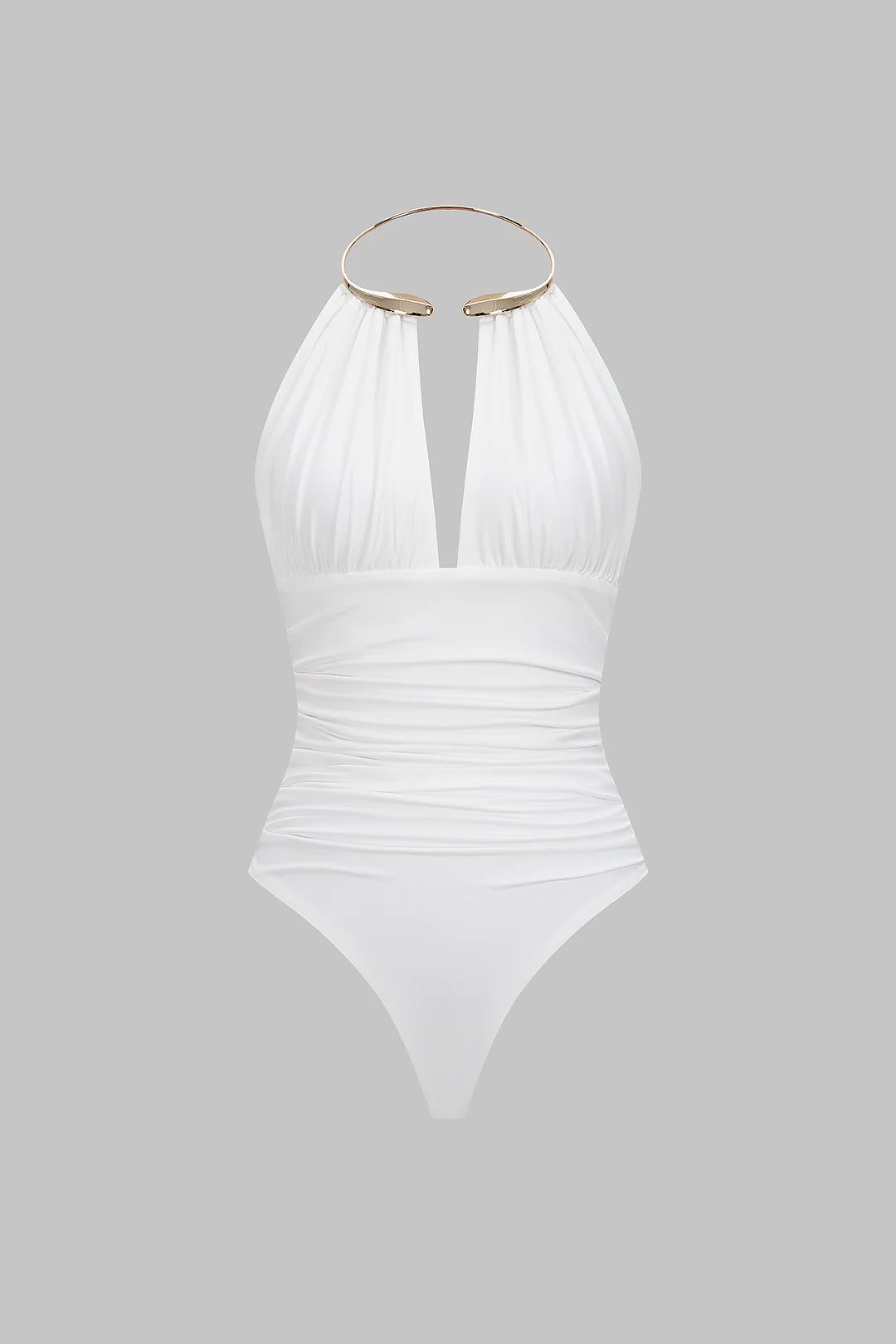 Snatchyfits™ Sleeveless Ruched Bodysuit with Halter Neckline and Metallic Finish