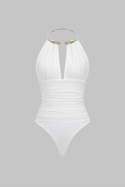 Snatchyfits™ Sleeveless Ruched Bodysuit with Halter Neckline and Metallic Finish