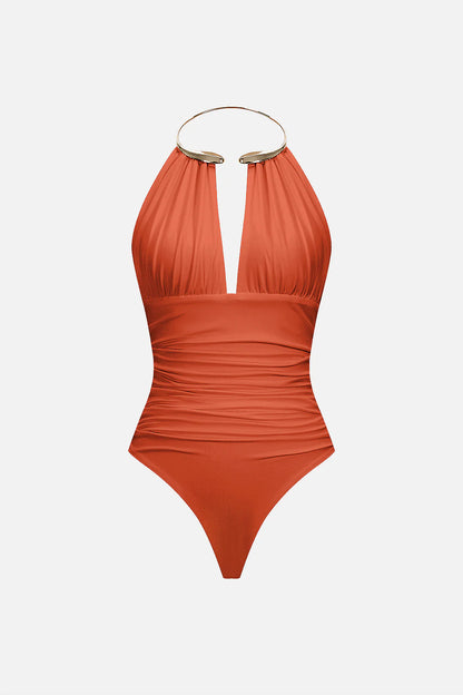 Snatchyfits™ Sleeveless Ruched Bodysuit with Halter Neckline and Metallic Finish